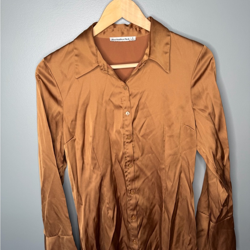 Abercrombie & Fitch Satin Mini Shirt Dress - Copper - Picture 4 of 9